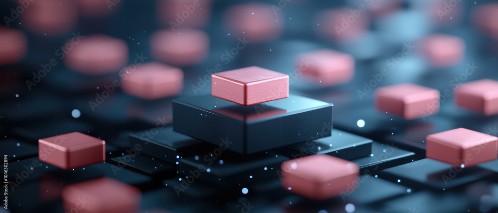 Aufkleber floating geometric platforms create mesmerizing visual effect, with red and black cubes shifting thr