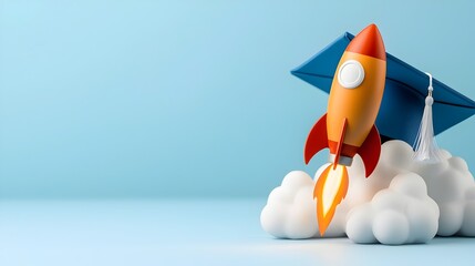 Graduation cap with a rocket launching from the top symbolizing a future full of possibilities and progress for the successful graduate  Conceptual image with copy space for text overlay