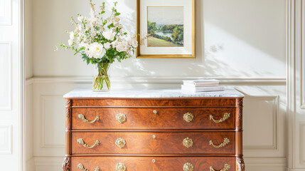 Elegant wooden dresser with floral arrangement and framed artwork, bright sunlight casting shadows in a sophisticated interior