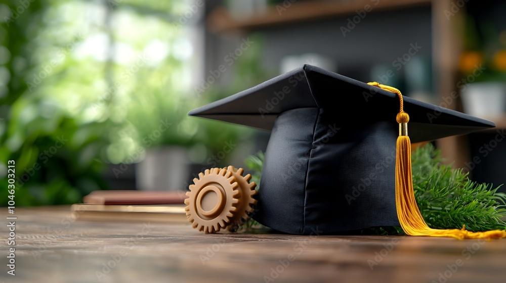 Poster a photography of a graduation cap with gears and cogs as innovation and the mechanics of knowledge w