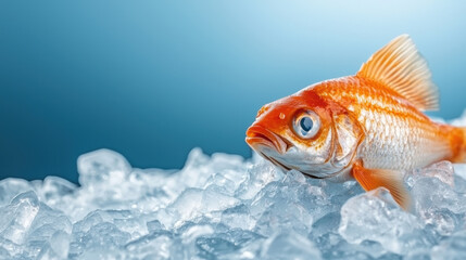 Fresh fish stored on ice in clean, sterile environment, showcasing vibrant colors and textures. scene evokes sense of freshness and quality