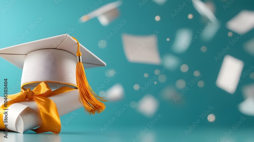 Poster a photography of a graduation cap with a diploma ribboned together surrounded by flying papers repre