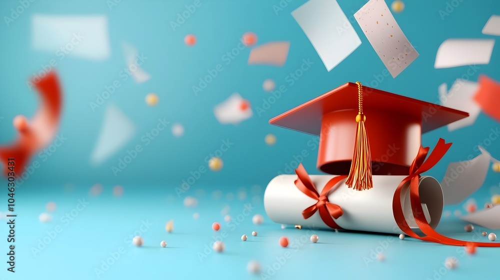 Poster graduation cap and diploma ribboned together surrounded by flying papers representing new beginnings