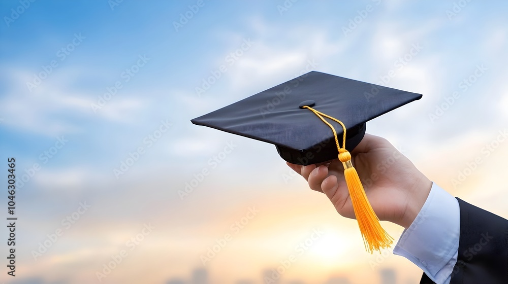 Aufkleber graduation cap being held up towards a glowing horizon symbolizing the journey into the future with 
