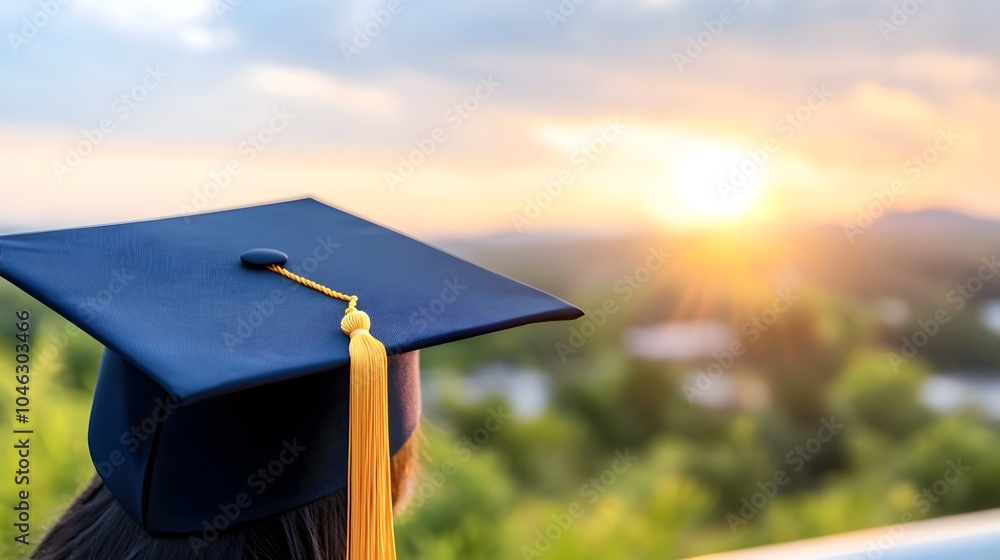 Aufkleber graduation cap held towards glowing horizon symbolizing the journey into the future with copy space 