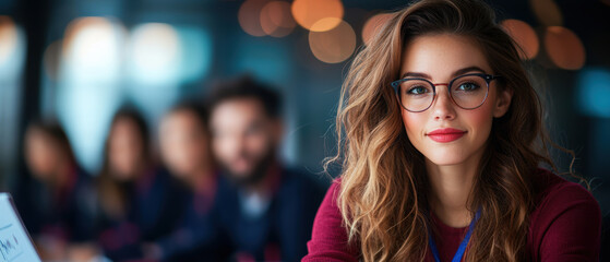 Fototapeta premium confident businesswoman with glasses is leading meeting, showcasing her leadership skills in modern office environment. atmosphere is professional and engaging
