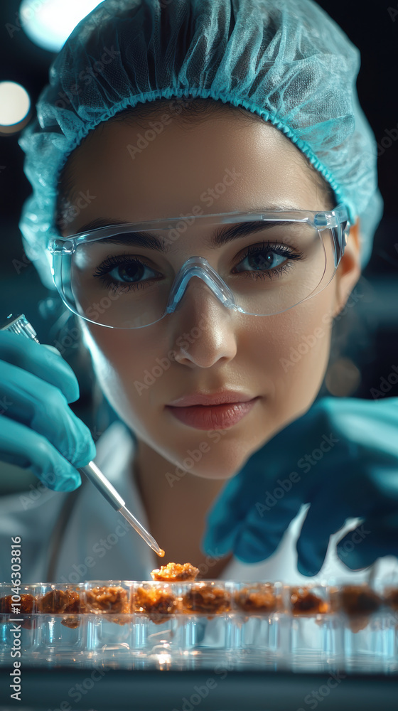 Poster laboratory technician testing food samples in sterile containers, focused and precise. environment i