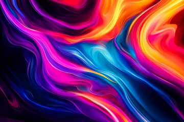 Fototapeta premium Abstract fluid shapes, vibrant colors, neon glow, dynamic swirls, cosmic energy, luminous streaks, dark background, futuristic, digital art, 3D rendering, motion blur, ethereal atmosphere, ultraviolet