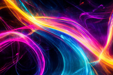 Abstract fluid shapes, vibrant colors, neon glow, dynamic swirls, cosmic energy, luminous streaks, dark background, futuristic, digital art, 3D rendering, motion blur, ethereal atmosphere, ultraviolet