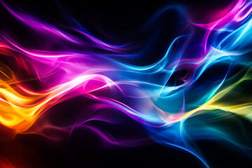 Abstract fluid shapes, vibrant colors, neon glow, dynamic swirls, cosmic energy, luminous streaks, dark background, futuristic, digital art, 3D rendering, motion blur, ethereal atmosphere, ultraviolet