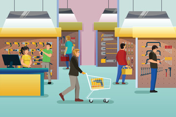 People Shopping at a Hardware Store Vector Illustration