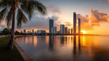 Obraz premium City Skyline at Sunset Over Calm Water