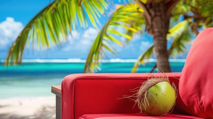 comfortable seating, red sofa with beautiful beach view