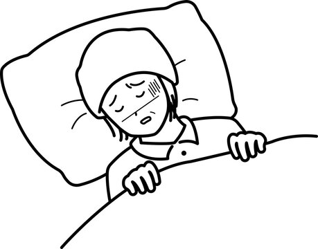 sick person resting in bed, black and white clip art preview