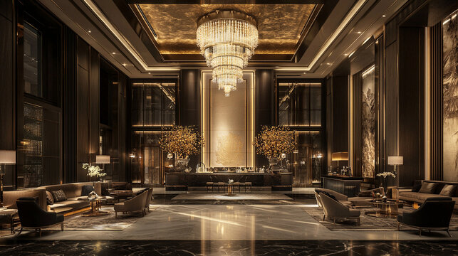 A luxurious hotel lobby with a spacious layout