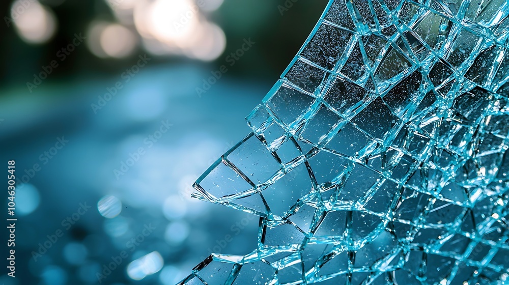 Poster close-up of shattered glass reflecting light, showcasing intricate patterns and textures with a blur