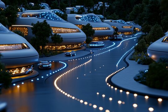A futuristic city street with transparent buildings, glowing roads, and hoverboards, representing the advanced, clean design of future cities