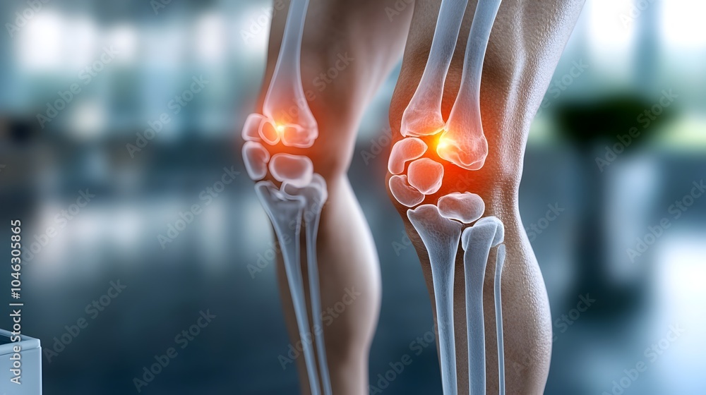 Poster 3d x ray image showcasing arthritic condition in the knee with highlighted red areas indicating seve
