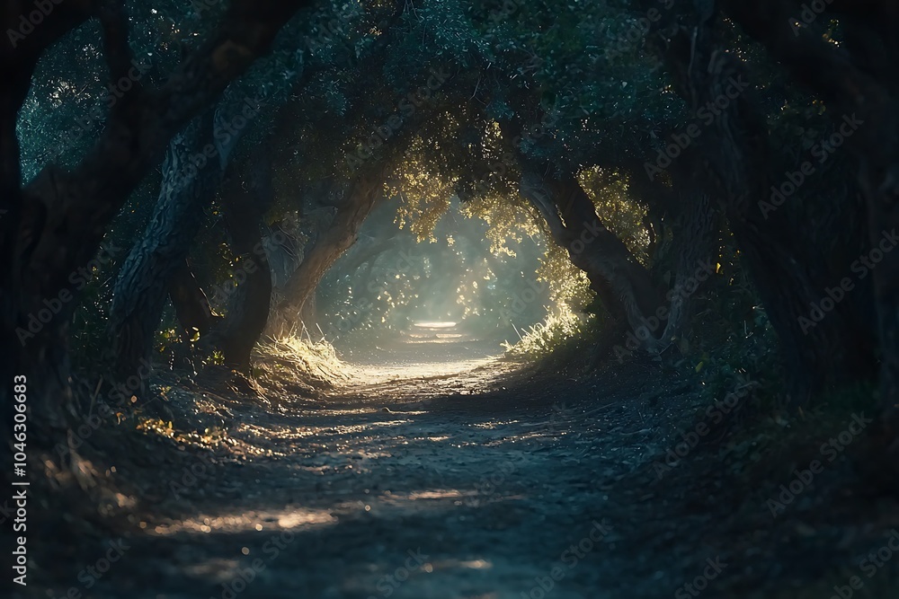 Aufkleber a serene forest pathway illuminated by soft light, creating a mystical and tranquil atmosphere amids