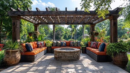 Obraz premium Patio Fire Pit Seating Area with Pergola and Lush Greenery