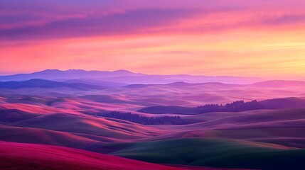 Obraz premium A stunning landscape featuring rolling hills under a vibrant sunset, showcasing rich colors of purple, pink, and soft blues in the sky.