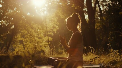 concentration of yoga meditation in nature, woman meditating yoga alone outdoors.