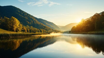 Fototapeta premium Serene River Valley Landscape at Sunrise