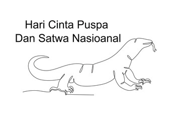 Continuous one line drawing of Komodo dragon, hari cinta puspa dan satwa nasional
