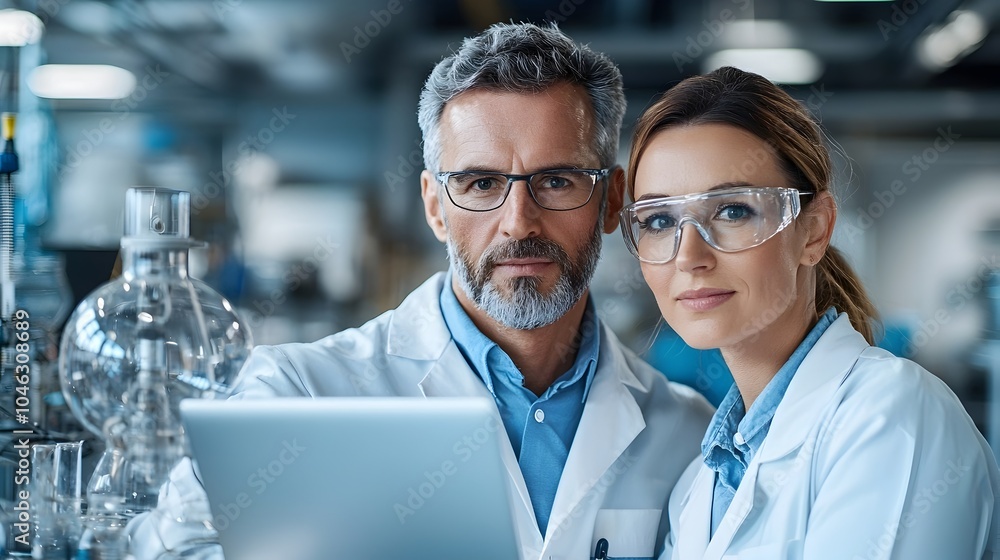 Poster two engineers a man and a woman inspecting and monitoring an industrial relay protection system with