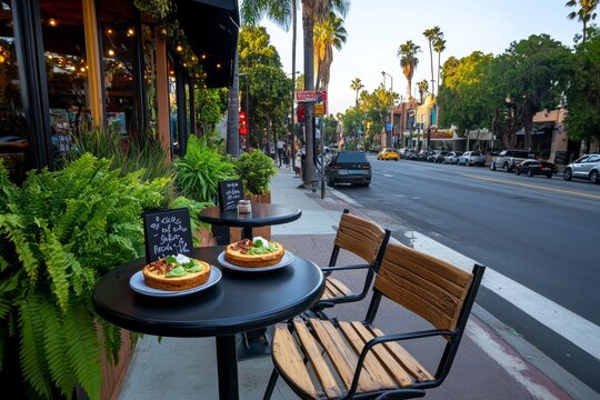 A hipster brunch spot with artisanal coffee, avocado toast, and a relaxed, artsy vibe, symbolizing the trendy side of dining culture