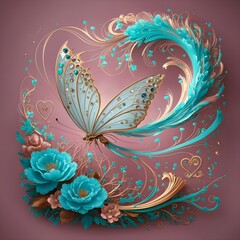 A butterfly landing on a blooming flower branch, Abstract Floral Swirls Background, Swedish Princess Cake with marzipan, metallic sculpture.