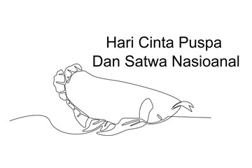 Continuous one line drawing of Siluk fish, hari cinta puspa dan satwa nasional
