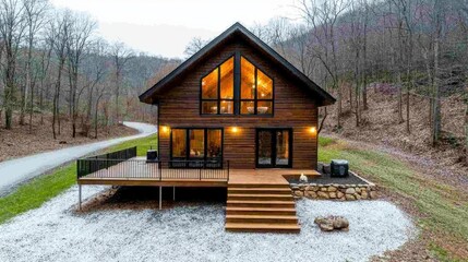 A rustic wooden cabin with large windows, nestled in a natural landscape, featuring a deck and surrounded by trees along a winding path.