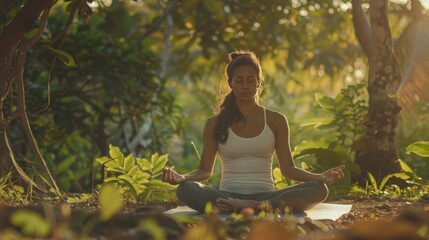 woman meditating yoga alone outdoors, yoga meditation in the mountains, forests.