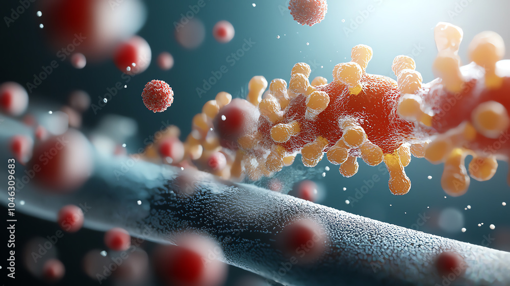 Poster microscopic view of viral particles interacting with cellular structures an exploration into the wor