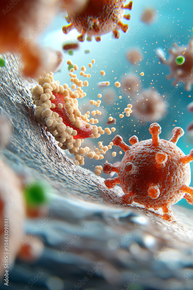 Poster exploring the microscopic world a detailed visualization of viruses interacting with cells in a 3d e