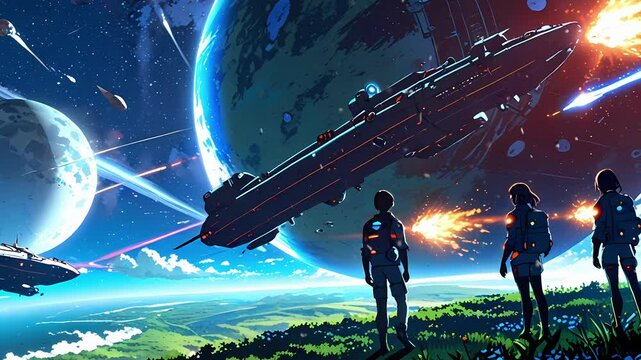 Three space explorers, standing on a vibrant alien landscape, observe a dramatic battle between starships in a colorful cosmic setting created with generative ai