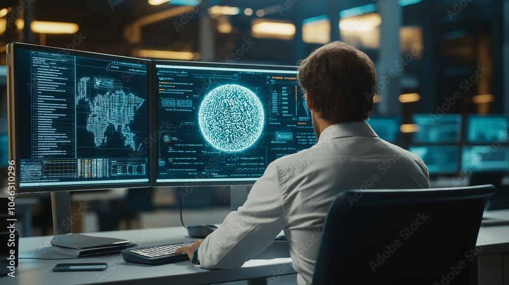 Poster person analyzing data on multiple computer screens