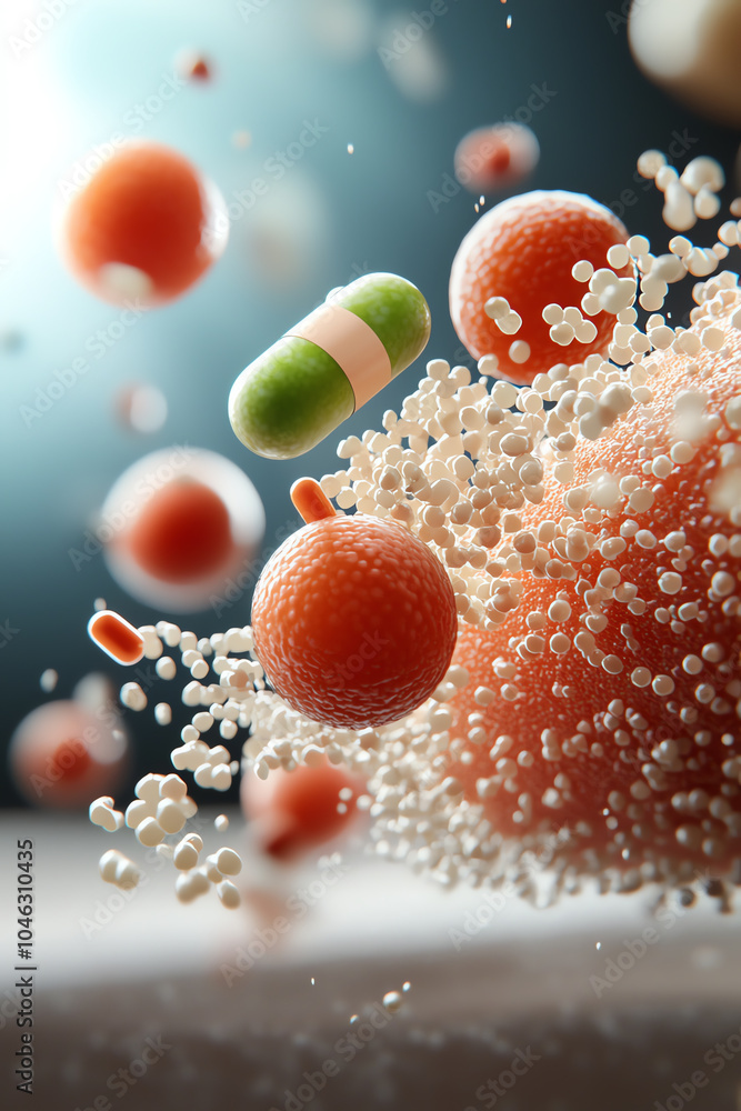 Poster exploring the microscopic world the interaction between antibiotics and bacteria in healthcare appli