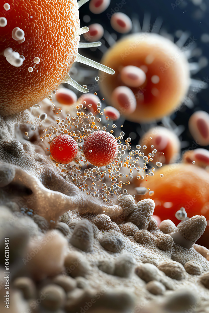 Poster intricate microbial structures a close-up exploration of cellular life and interactions in the micro