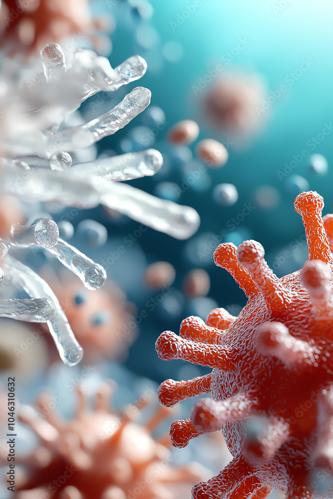 Poster microscopic world exploring the intricate structures and dynamics of viruses and cells in a digital 