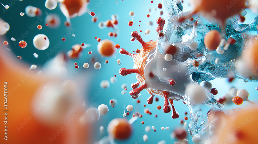 Poster exploring the intricacies of cellular interactions and viral structures in a microscopic world