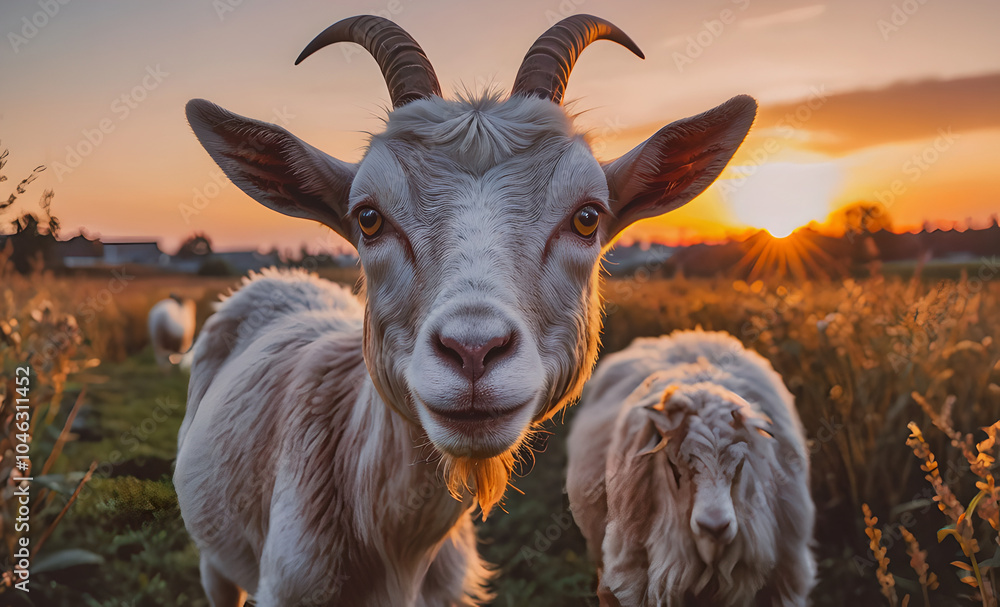 Poster a goat with horns is standing in a field