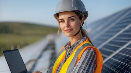 Female engineer in a helmet and reflective vest using a laptop to monitor and inspect the performance of solar panels at a large scale renewable energy station or facility