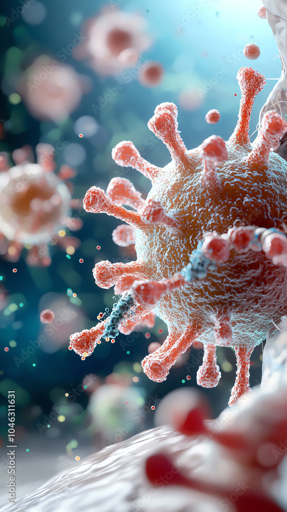 Poster intricate close-up of a coronavirus particle highlighting its structure and complexity in a microsco