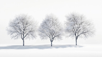Three snow-covered trees stand in a row on snowy ground.