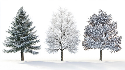 Three snow-covered trees stand in a row on snowy ground.