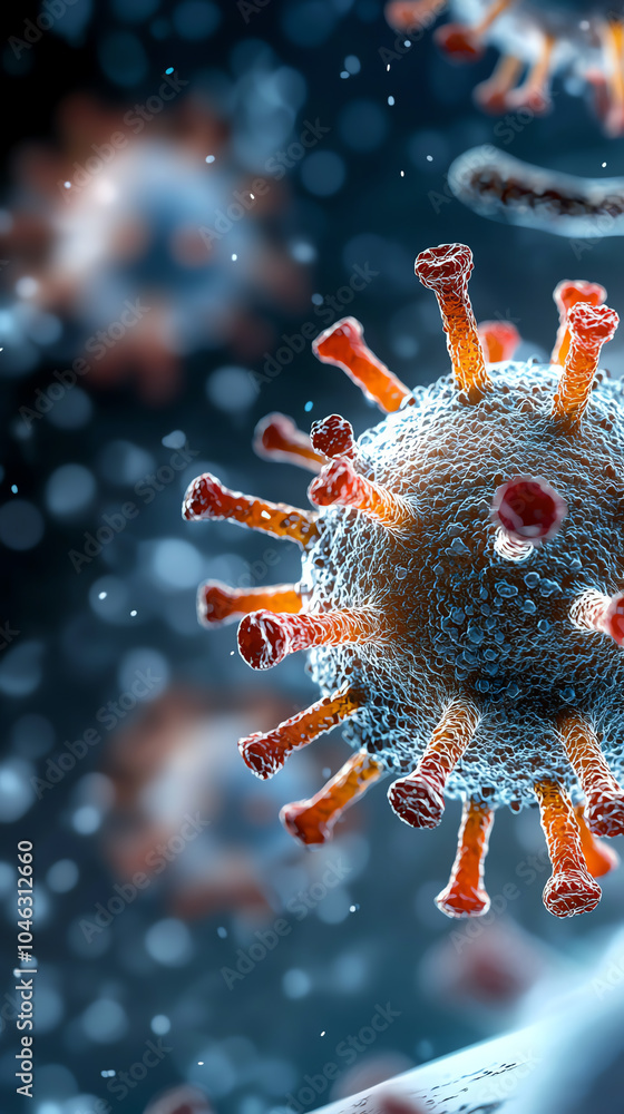 Poster detailed visualization of a virus with spikes captured under a microscope understanding its structur