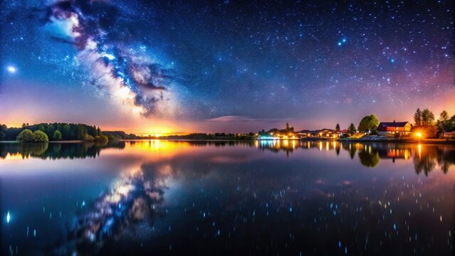 Night sky above Village Novoye Lyadno, reflected in Lepel Lake , colorful, stars, sky, backdrop, landscape