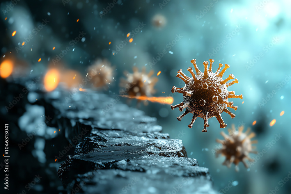 Poster microscopic view of a virus exploring the intricacies of pathogen behavior in a digital landscape